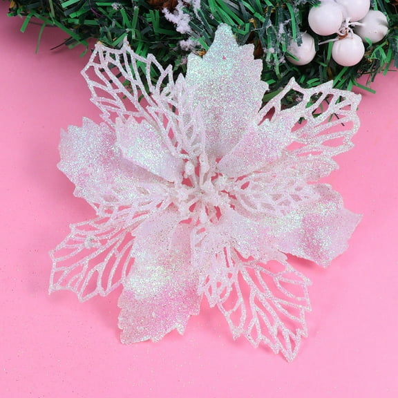 FOMIYES 12Pcs White Hollow Artificial Glitter Poinsettia Flowers Christmas Tree Decorations