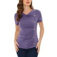 thumbnail image 1 of INSPIRE CHIC Cowl Neck for Women's Short Sleeve Button Decor Ruched Front Casual Basic T-shirt Purple L, 1 of 4