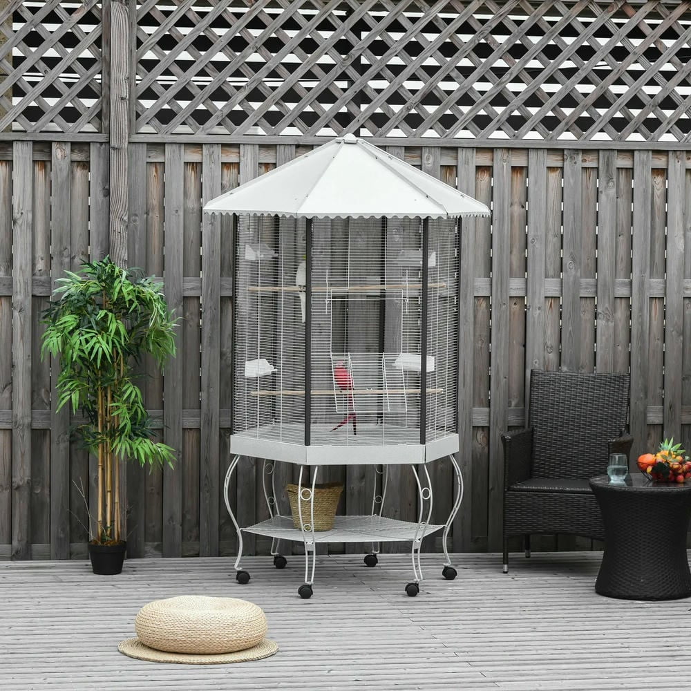 Spaco 77inch Flight Bird Cage, Hexagon Covered Canopy Portable Aviary with Storage, White