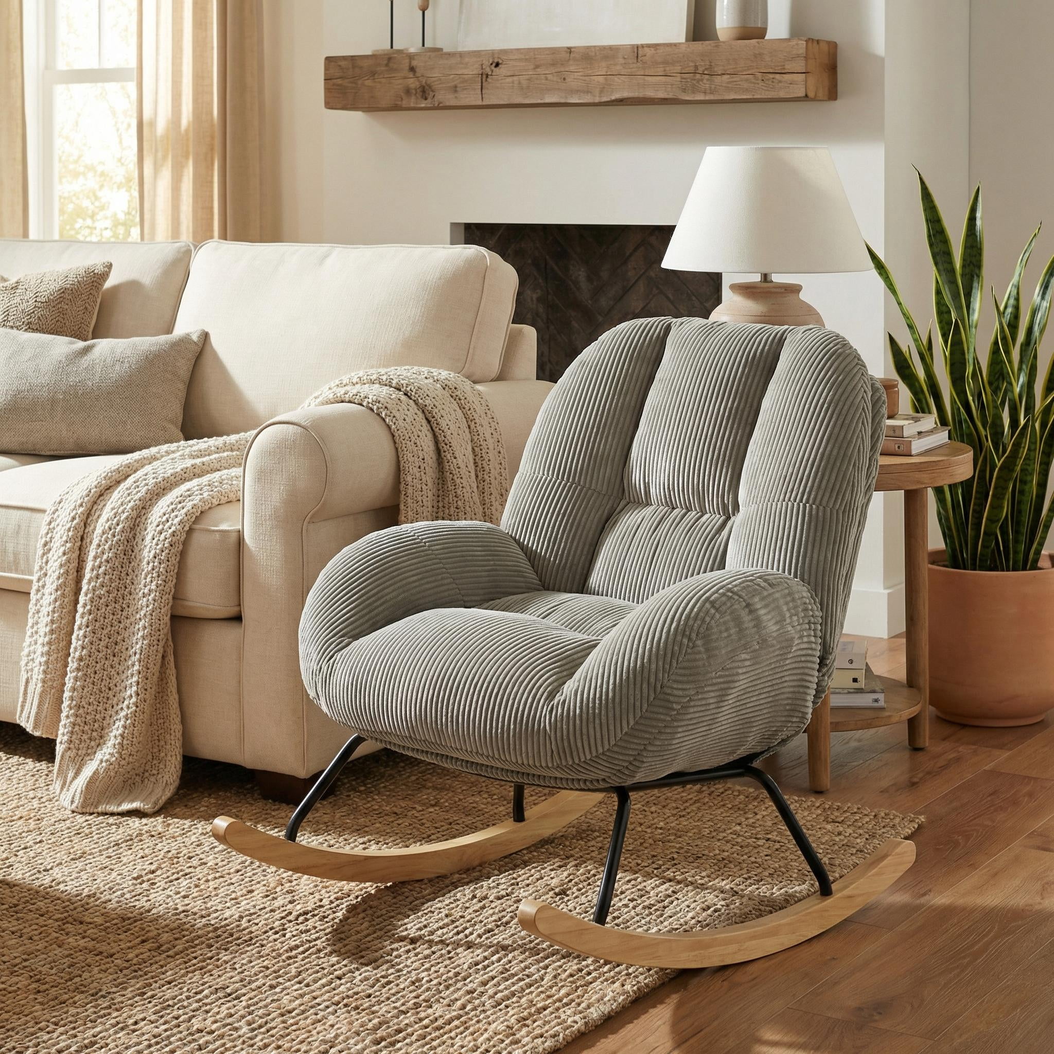 Homy Casa Corduroy Rocking Accent Chair with Solid Wood Base, Lounge Chair for Living Room, Bedroom, Reading Corner
