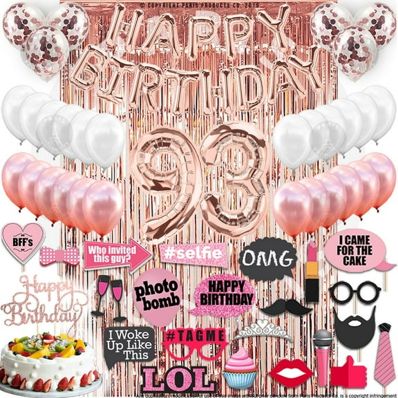 93rd Birthday Decoration Rose Gold, 93 Party Supplies Decoration, 93rd Sash, 93 Cake Topper, 93rd Photo Props, confetti Balloons, Curtain