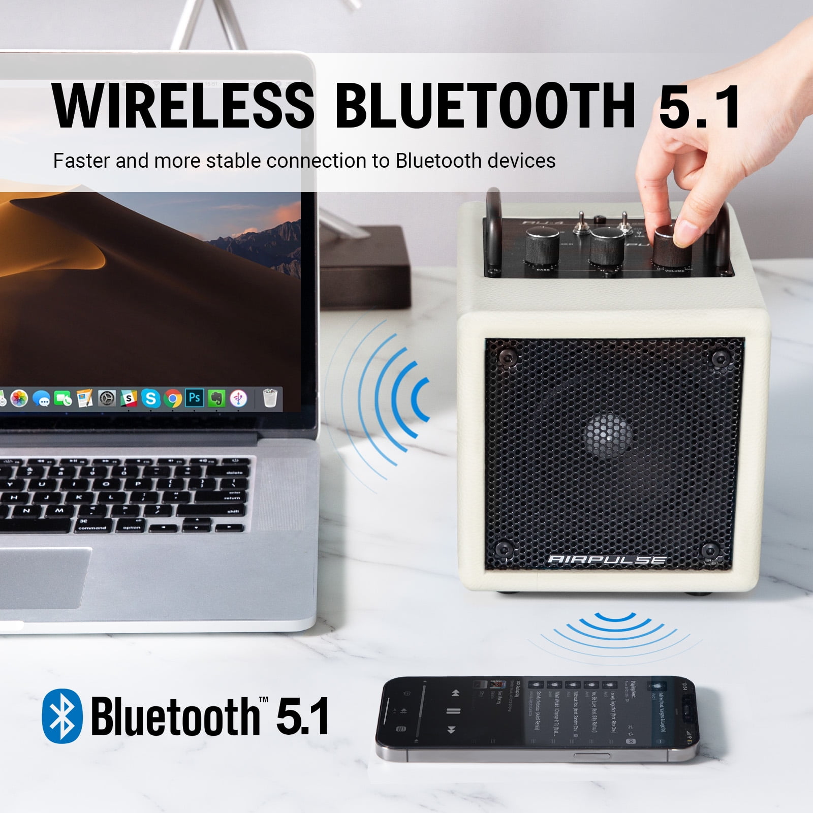 Airpulse Edifier Powered Bluetooth Speaker, Compact Countertop Speaker with Aux Line Input for Home Office Party - White