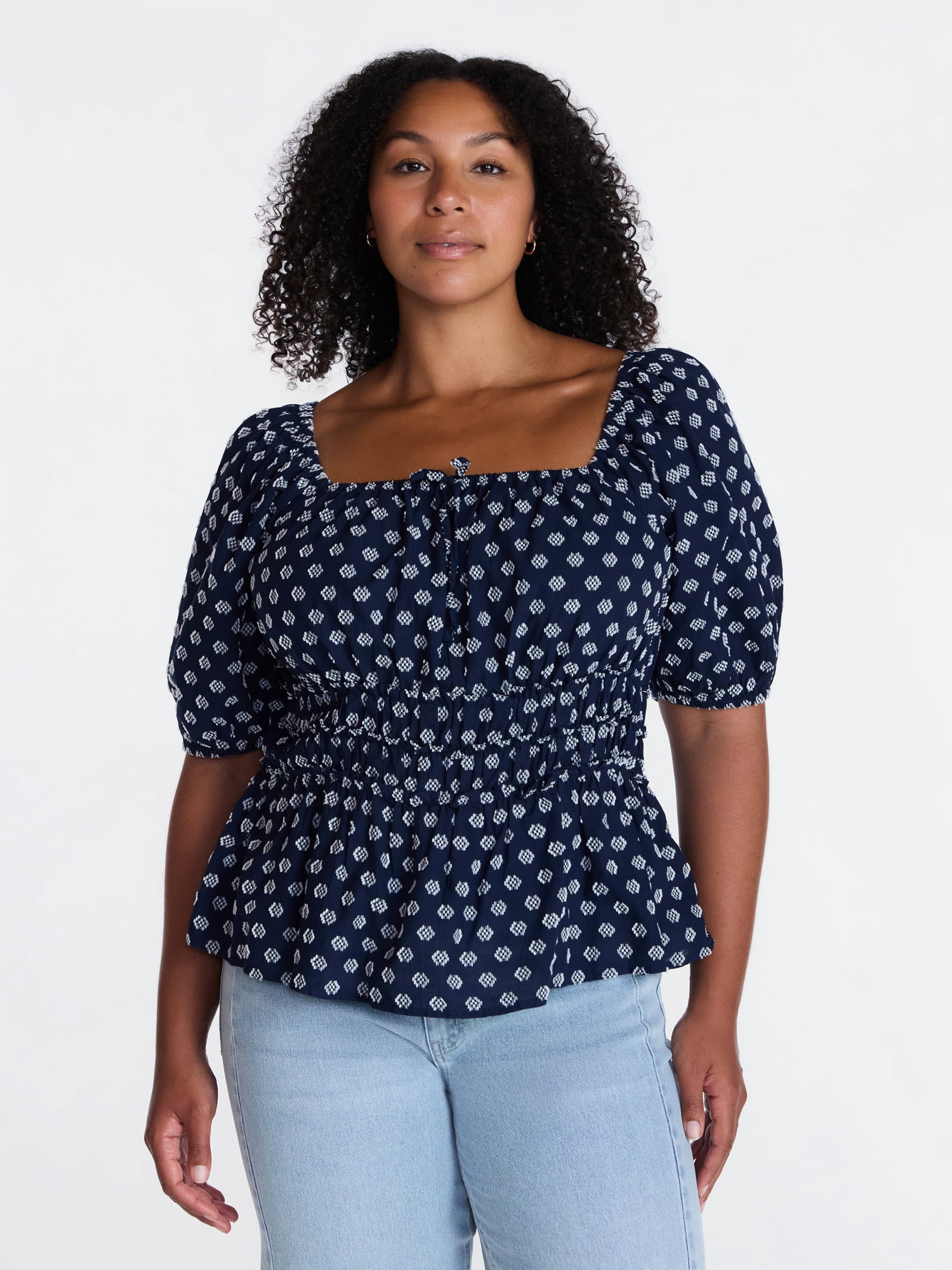 Time and Tru Women's Puff Sleeve Square Neck Top, Sizes XS-XXXL