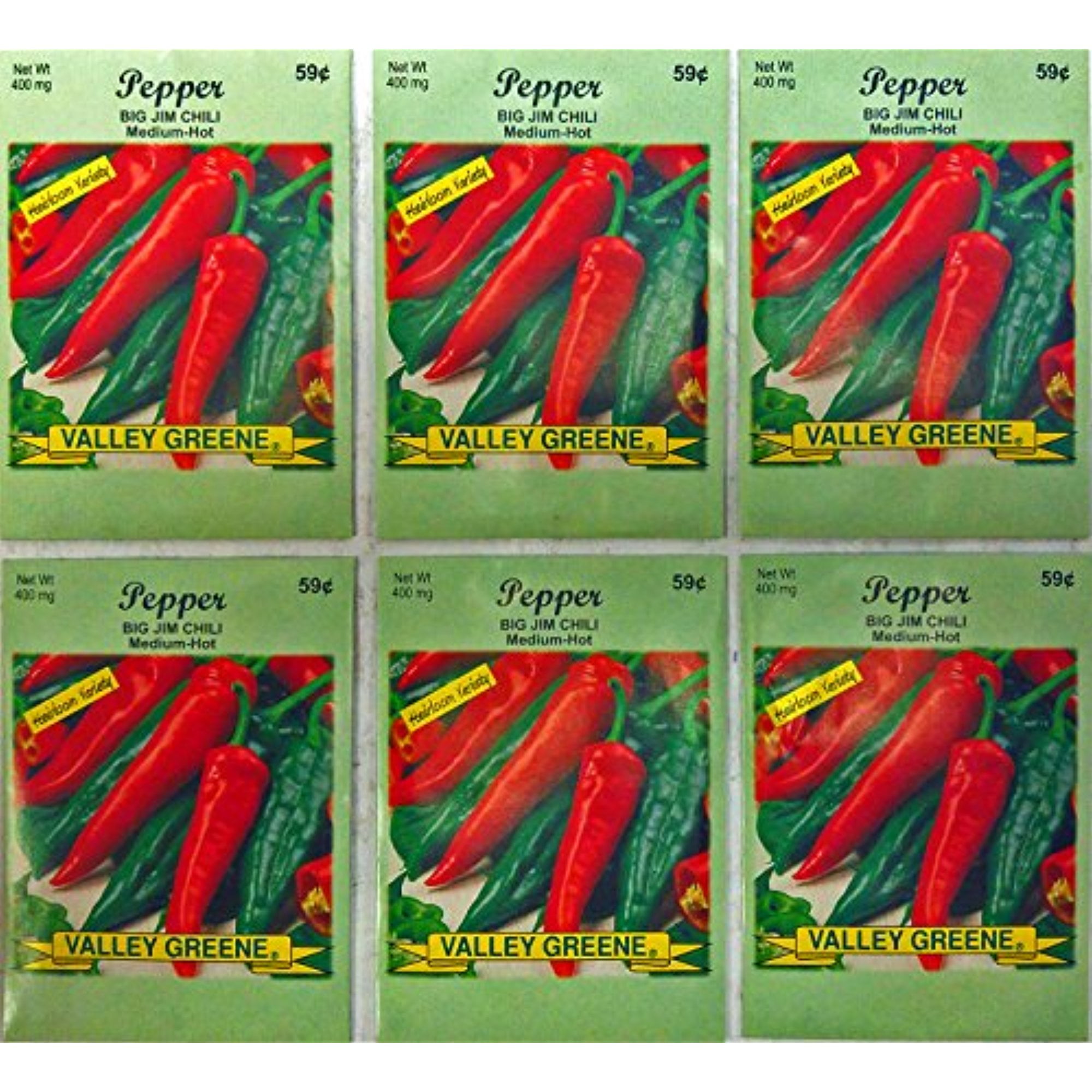 Set of 6 Valley Greene Big Jim Chili Pepper Vegetable Seed Packages