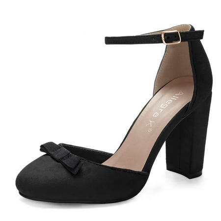 Heel Bow Pump - Unique Bargains Women's Block Heel Round Toe Bow Decor Ankle Strap Pumps
