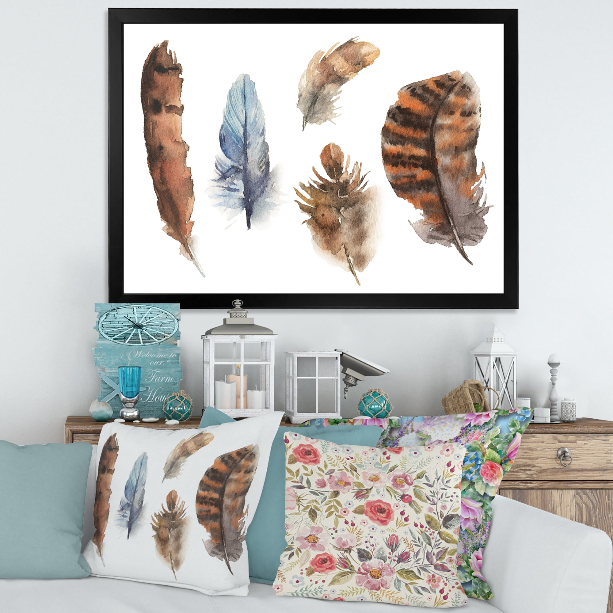 Designart 'Ethnic Boho Feathers In Earth Tones On White' Bohemian & Eclectic Framed Art Print