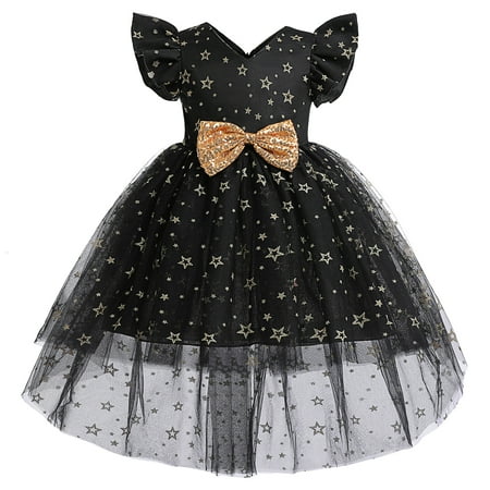 

MIKRDOO Princess Dress For 2T Toddler Girls Star Print Gauze Bow Sleeveless V Neck Dress One Piece Party Dress 2-3 Years Black