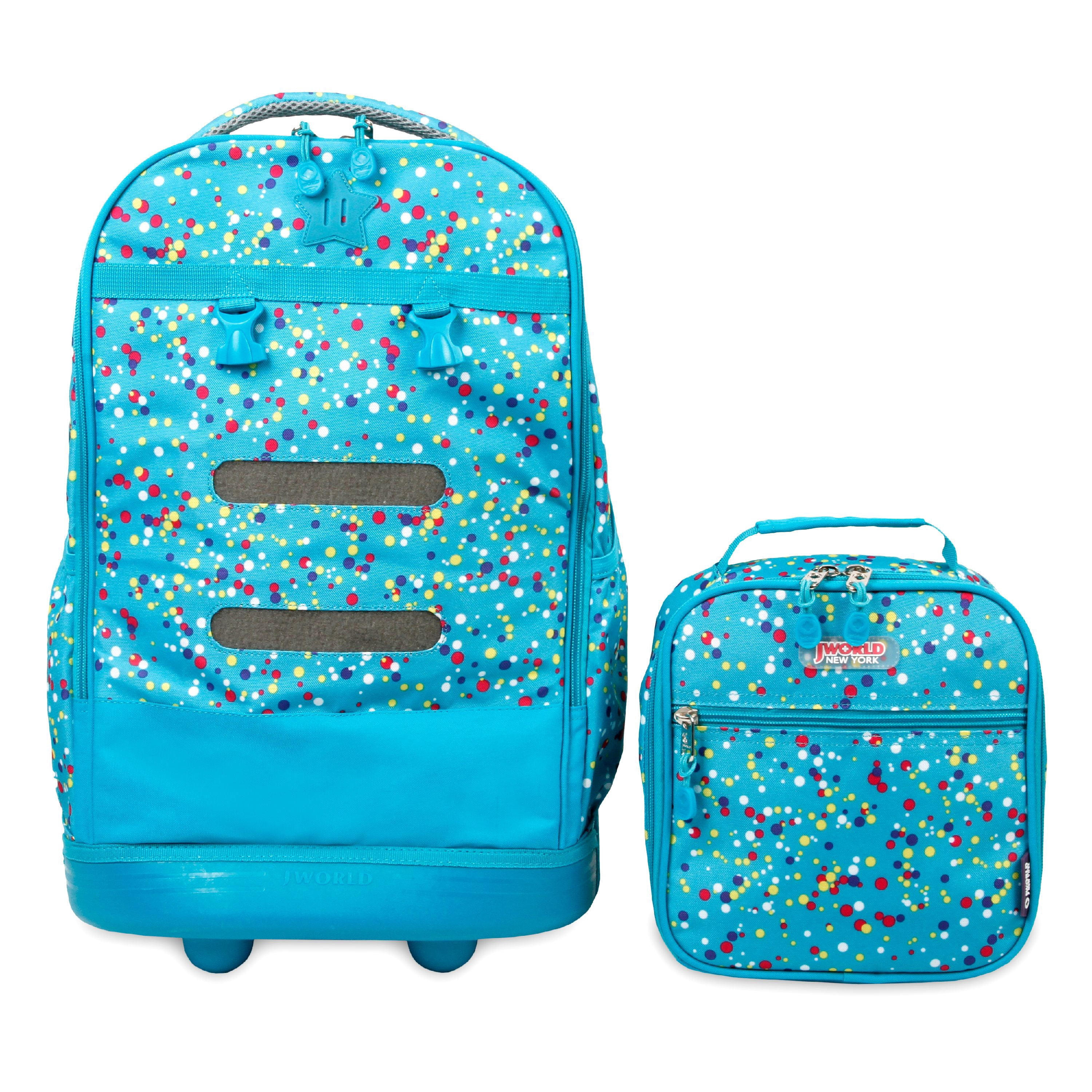 J World Boys and Girls Duo 18" Kids Rolling Backpack with Detachable Lunch Box Set for School, Color Dots