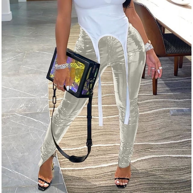 Leggings de cuero brillante con aberturas explosivas para mujeres europeas y americanas de otoño e invierno