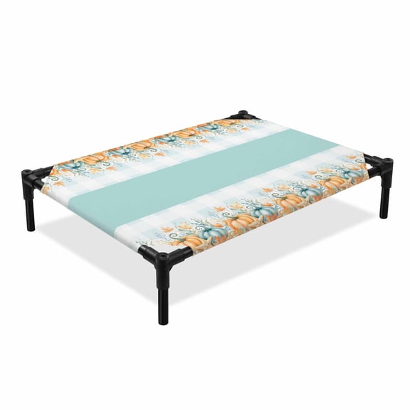 Thanksgiving Elevated Dog Bed, Teal Pumpkins Orange Starfish Blue Striped Plaid Cooling Breathable Outdoor Raised Dog Cot Bed with Metal Frame Non-Slip Feet for Large Dog 28x22in