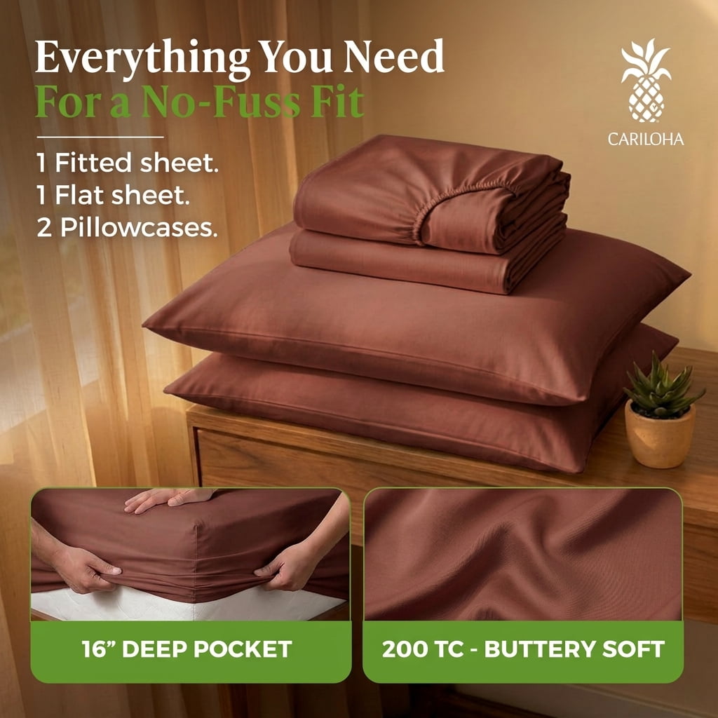 Aloha Soft by Cariloha Bamboo Viscose Sheets – 4-Piece Queen Sheet Set – 16 in Deep Pockets – Buttery Soft Cooling Sheets – Maroon Sunset
