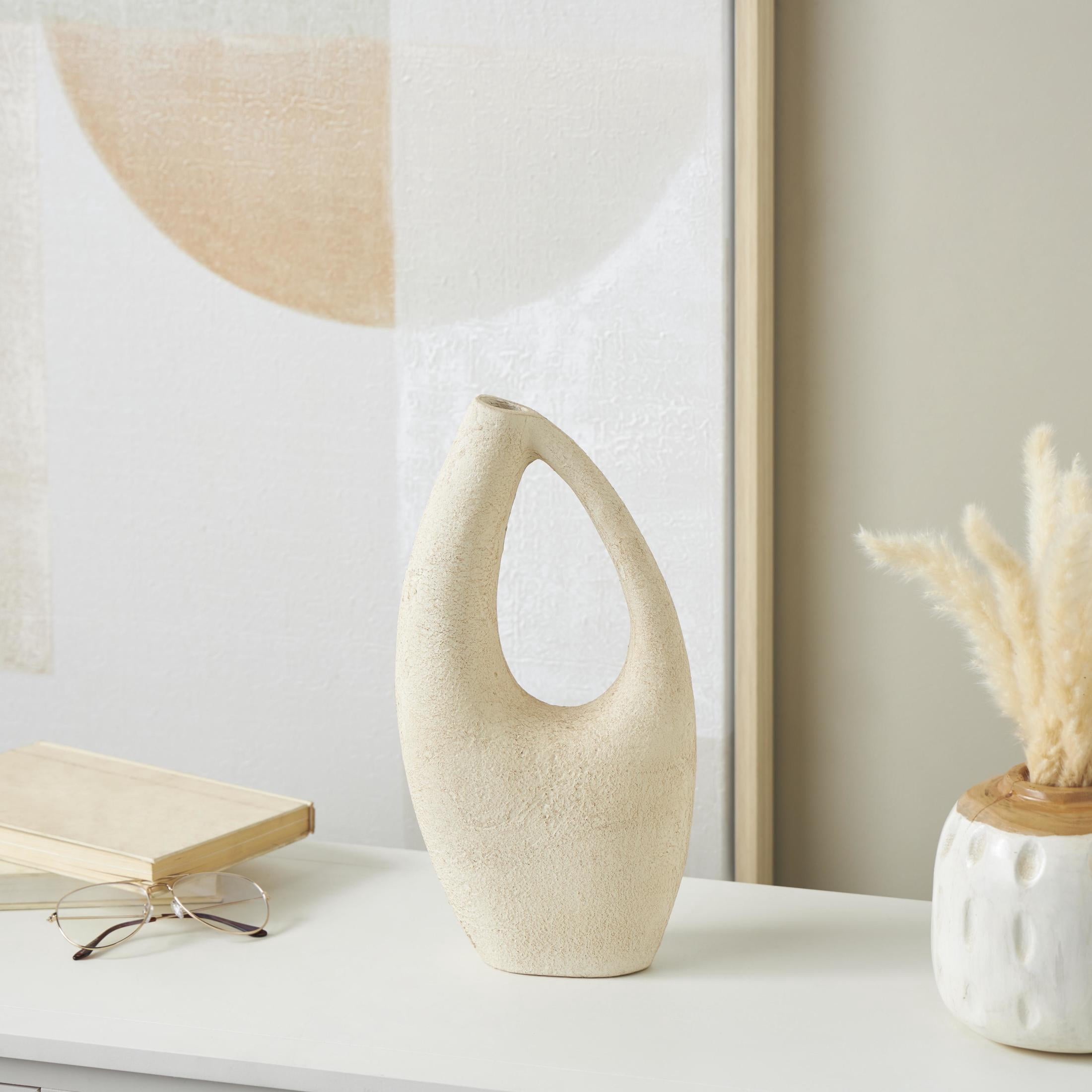 DecMode 14" Abstract Curved Cutout Cream Paper Mache Vase with Brown Distressed Texturing