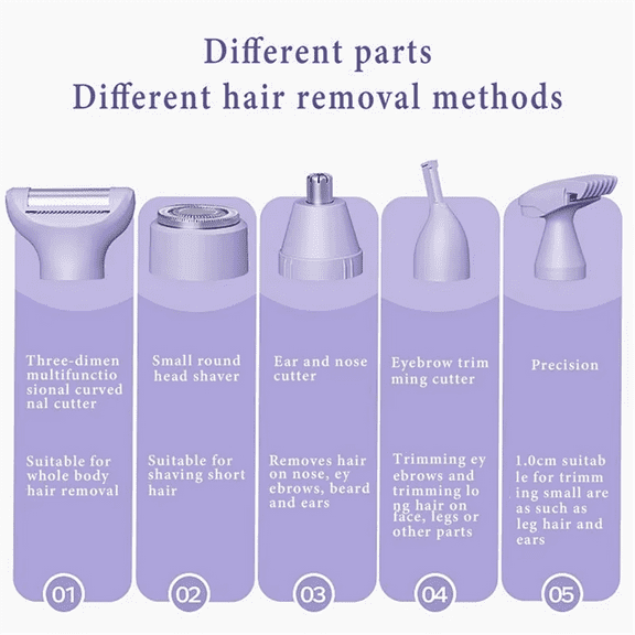 5-in-1 Electric Hair Trimmer for Women,Gentle Hair Removal,Efficient, Rechargeable Shaver with Stainless Steel Blades