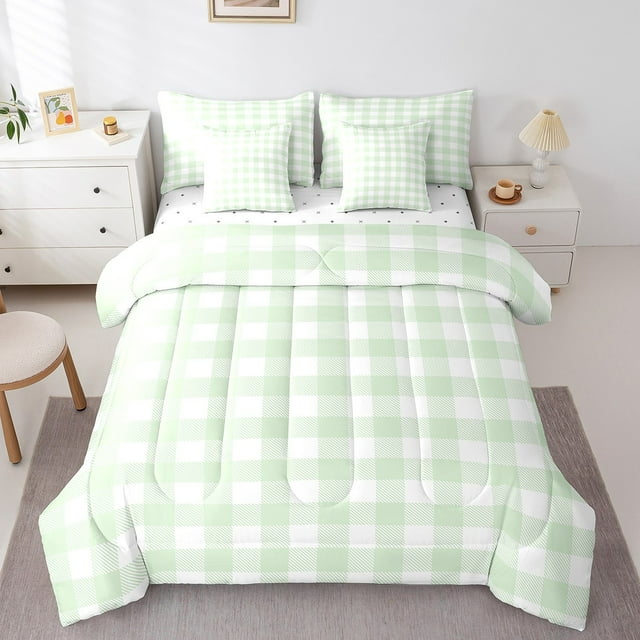 Erosebridal Plaid Buffalo Bedding Sets King Size, Light Green Geometric Comforter Sets with Sheets, Rectangle Checkered Reversible Bedding King Size, Ultra Soft Room Decorative, 7pcs