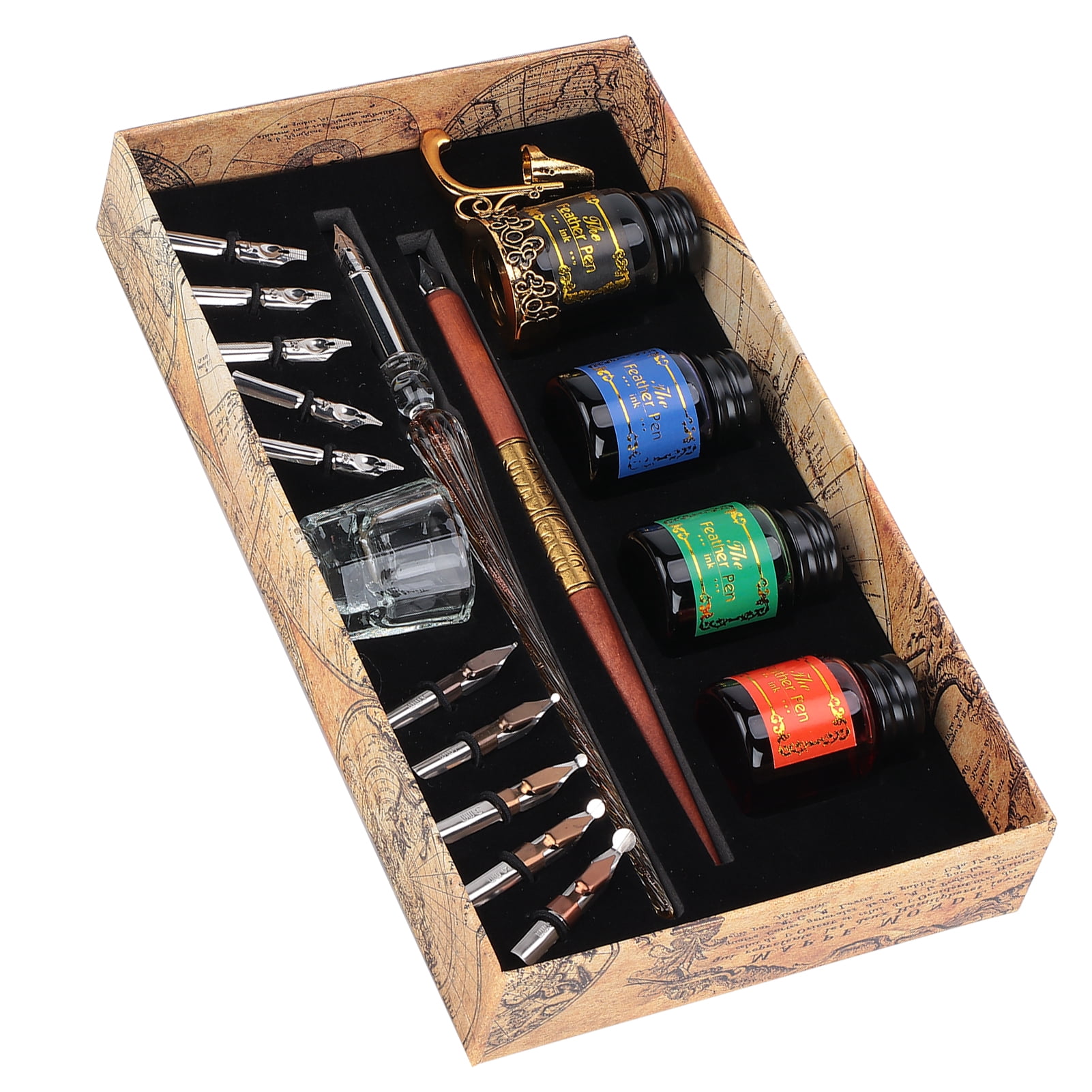 M Buder Dip Pen Kit Flat Round Nibs with Ink Holder for Writing Drawing Calligraphy, SP249045 Fire Color Rod Glass Pen, 9.45 inches / 24 cm length, Vintage English Art Calligraphy Gift Set