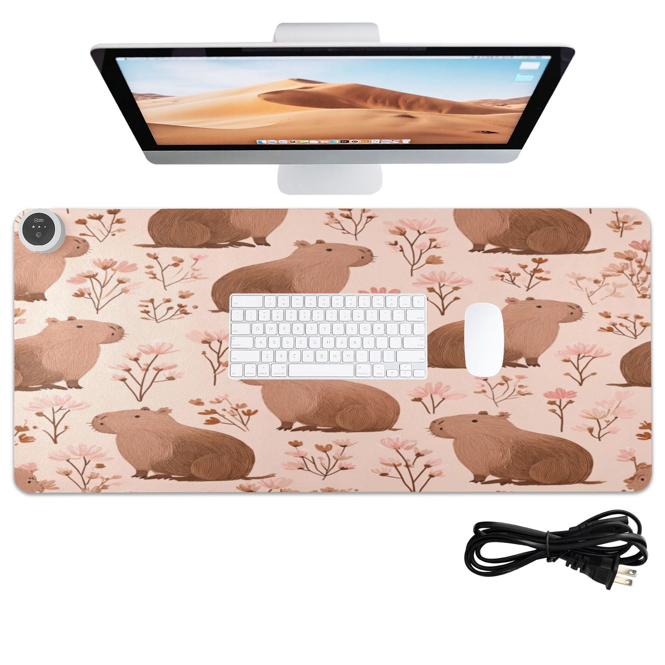 Large Heated Desk Mat Mouse Pad 31.5"x13"PU Leather Graphene Heating Desk Warmer with 3 Temperature Settings 110V US Plug Non-Slip Warm Pad for Home, Office, and Gaming Cute Brown Capybara Pattern