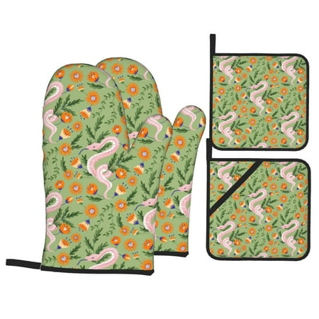 

Oven Mitts and Pot Holders 4 Piece Cartoon Pink Cute Snake Flower High Heat Slip Resistant Oven Mitt and Trivets Set Kitchen Oven Glove Pot Holders for Cooking Baking Grilling
