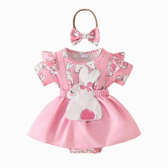 enyan Baby Girl Easter Outfit Newborn My First Easter Bunny Bubble Romper Dress with Headband Onesie Short Sleeve Bodysuit Spring Summer Clothes,Pink,3-6 Months