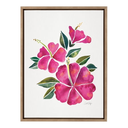 Kate and Laurel Sylvie Hibiscus Bloom Fuchsia Framed Canvas Wall Art by Cat Coquillette 18x24 Gold Tropical Floral Art for Wall