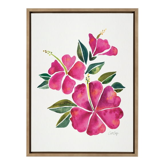 Kate and Laurel Sylvie Hibiscus Bloom Fuchsia Framed Canvas Wall Art by Cat Coquillette 18x24 Gold Tropical Floral Art for Wall