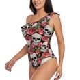 thumbnail image 3 of Picia Skull and Roses Pattern Women's One Piece Swimsuits,One Shoulder Swimwear Asymmetric ,Ruffle Monokinis Bathing Suits,High Waisted Flattering Bathing Suits-Small, 3 of 8