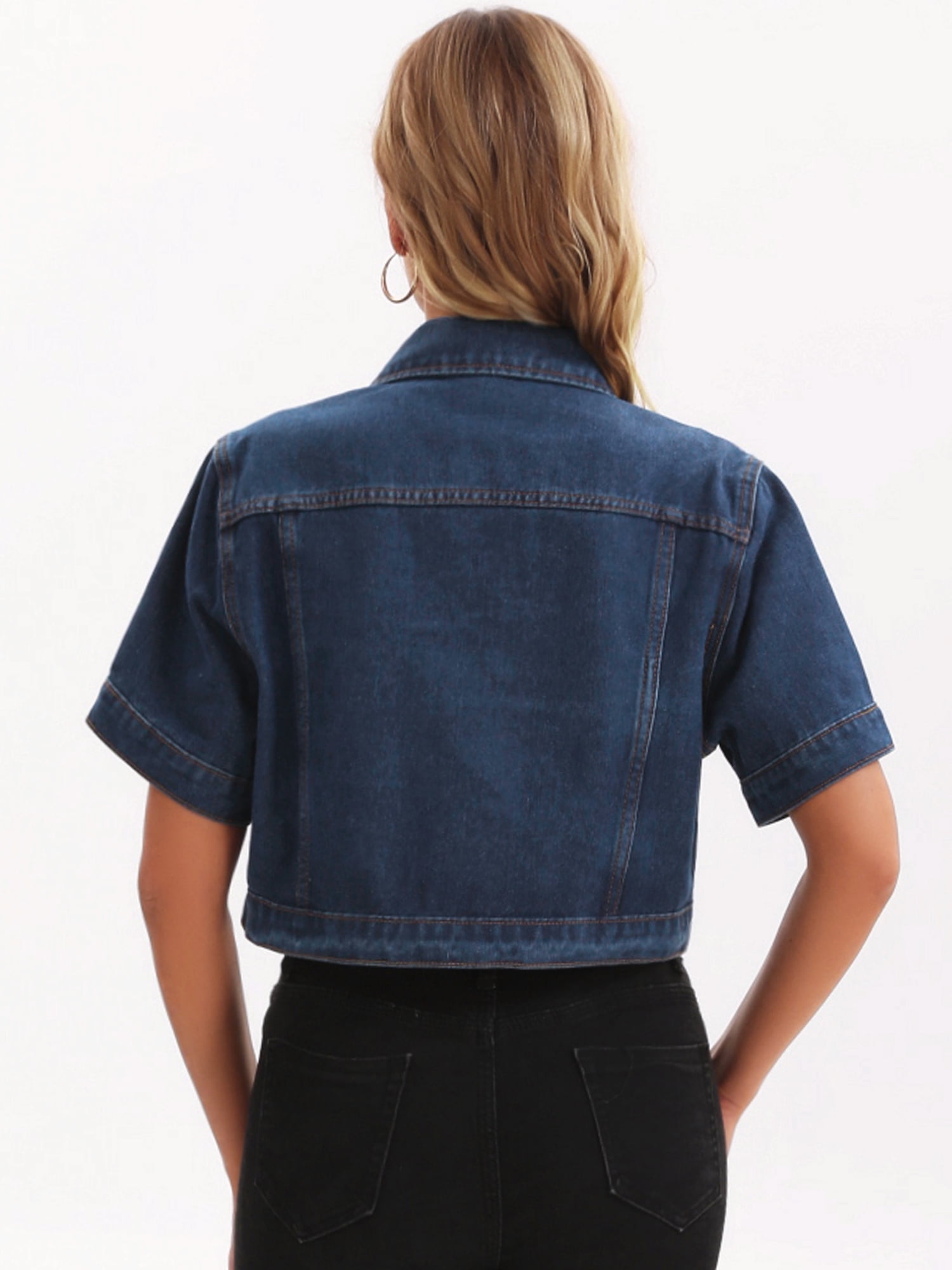 DARING DIVA Women's Short Sleeve Denim rendy Cropped Jean Jacket M Dark Blue