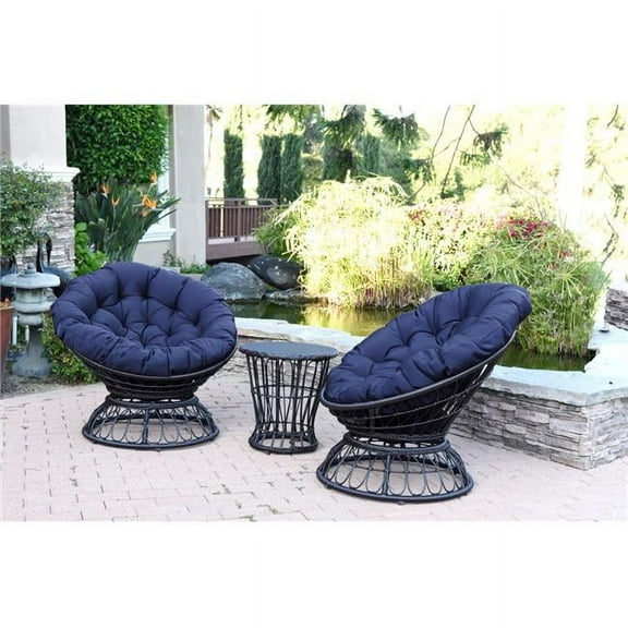 Jeco OF-SC001-2-CES011 Papasan Espresso Wicker Swivel Chair & Table Set with Midnight Blue Cushion