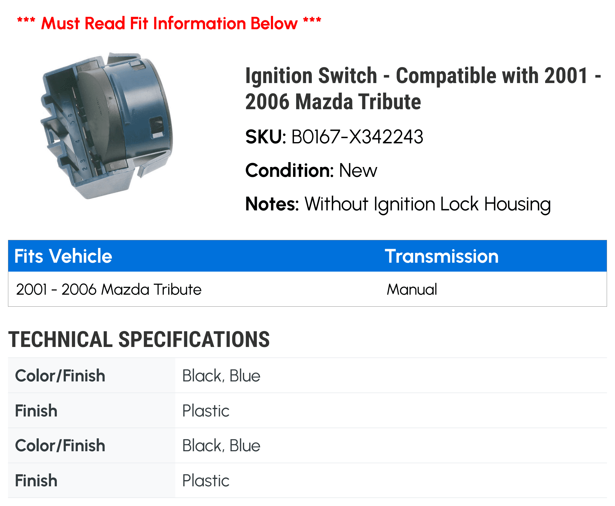 Ignition Switch - Compatible with 2001 - 2006 Mazda Tribute 2002 2003 2004 2005