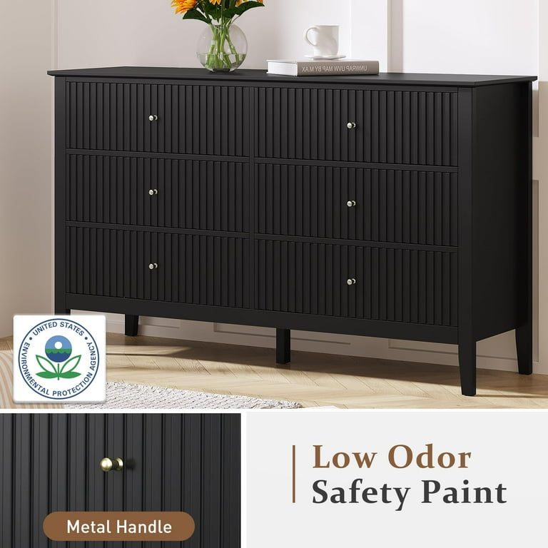 Heynemo Black Fluted 6 Drawer Dresser, Wide Modern Storage Cabinet for  Bedroom Living Room Hallway - Walmart.com