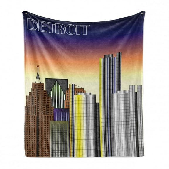 Detroit Soft Flannel Fleece Blanket, Retro Style Downtown Illustration Metropolis High Rise Buildings Urban Modern Life, Cozy Plush for Indoor and Outdoor Use, 50" x 60", Multicolor, by Ambesonne