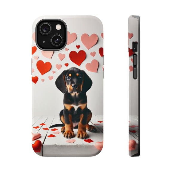 DistinctInk Tough Case for Apple iPhone 13 MINI (5.4" Screen), Compatible with MagSafe Charging - Valentine's Day Black and Tan Coonhound Puppy