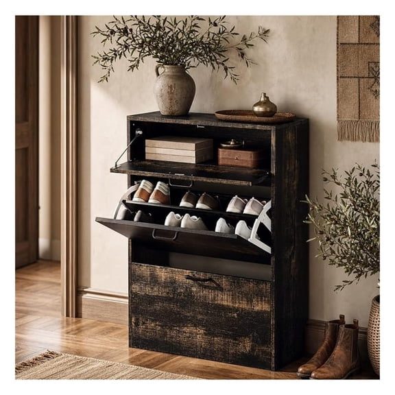 Sunshen Shoe Cabinet Storage for Entryway Ultra Slim with 2 Flip &1Drop-Down Drawers, 24.8" W Narrow Shoe Cabinet for Front Door Entrance,Freestanding Dark Rustic Oak Wood Shoes Organizer for Hallway