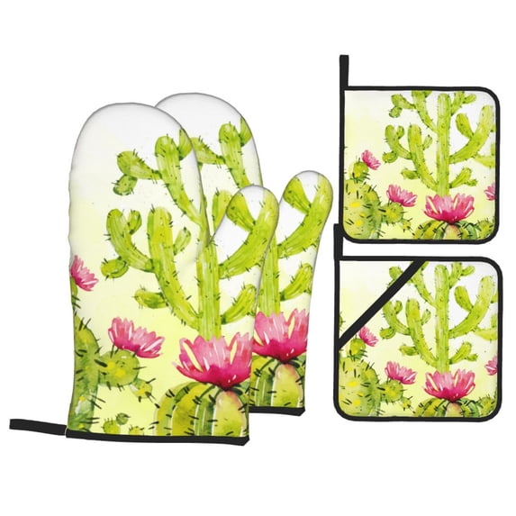 YFYANG Oven Mitts and Pot Holders Sets 4 Pieces, Non-Slip Heat Resistant Cute Green Cactus Doodle Kitchen Glove Pot Mat for Cooking and Baking