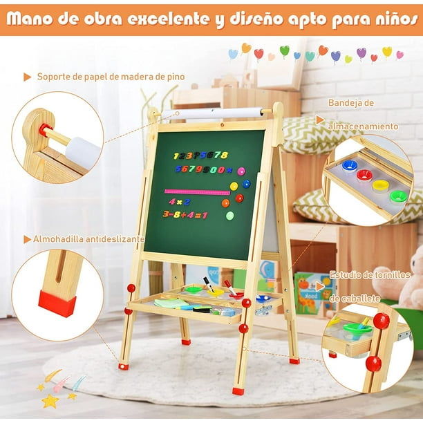 Caballete 3 En 1 Para Niños De COSTWAY – Pizarra Doble Cara, Blanca Y Magnética, Altura Ajustable, Con Rollo De Papel Y Bandejas – Verde