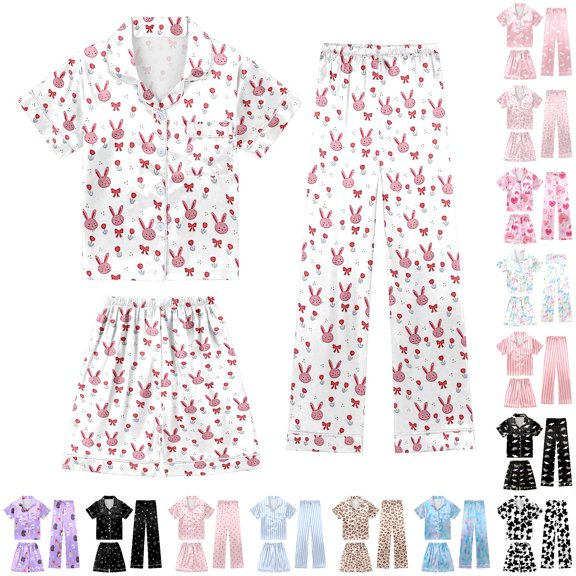 WhouRiu Girls Cartoon Graphic Pajamas Short Sleeve Flat Collar Button Up Shirts Shorts And Pants Pajama Set 3 Piece Kids Cozy Cute Sleepwear,6-7 Years