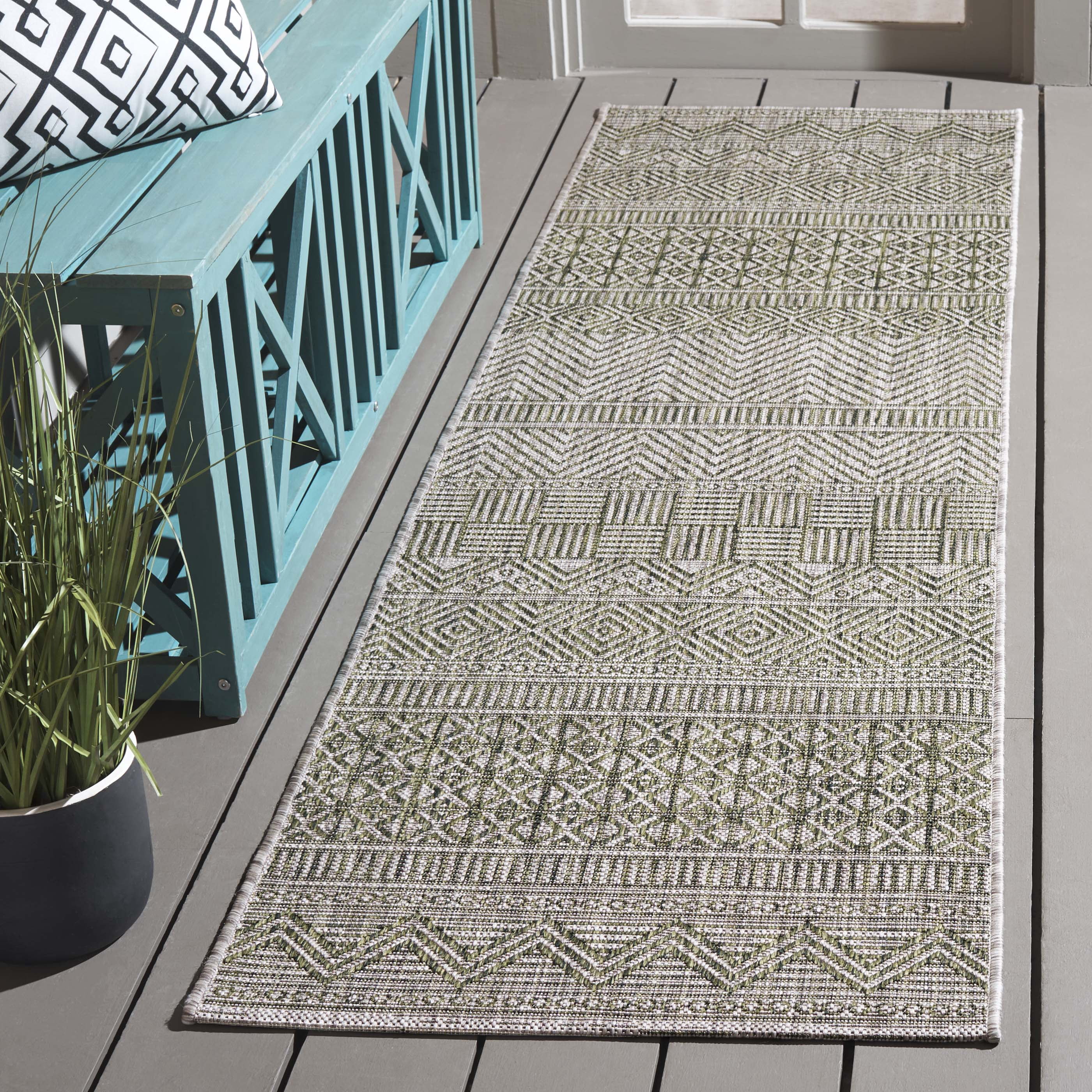 SAFAVIEH Courtyard Altan Geometric Indoor/Outdoor Runner Rug, Grey/Olive Green, 2'3" x 8'