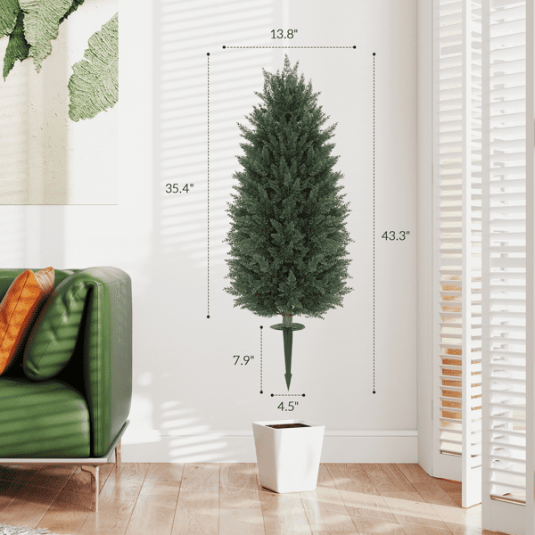 2-Pack 43.3" Artificial Cypress Trees - 1047 PE Leaves Each UV-Resistant Plastic-Aluminum Ground Stakes Indoor/Outdoor Use for Pots/Gardens