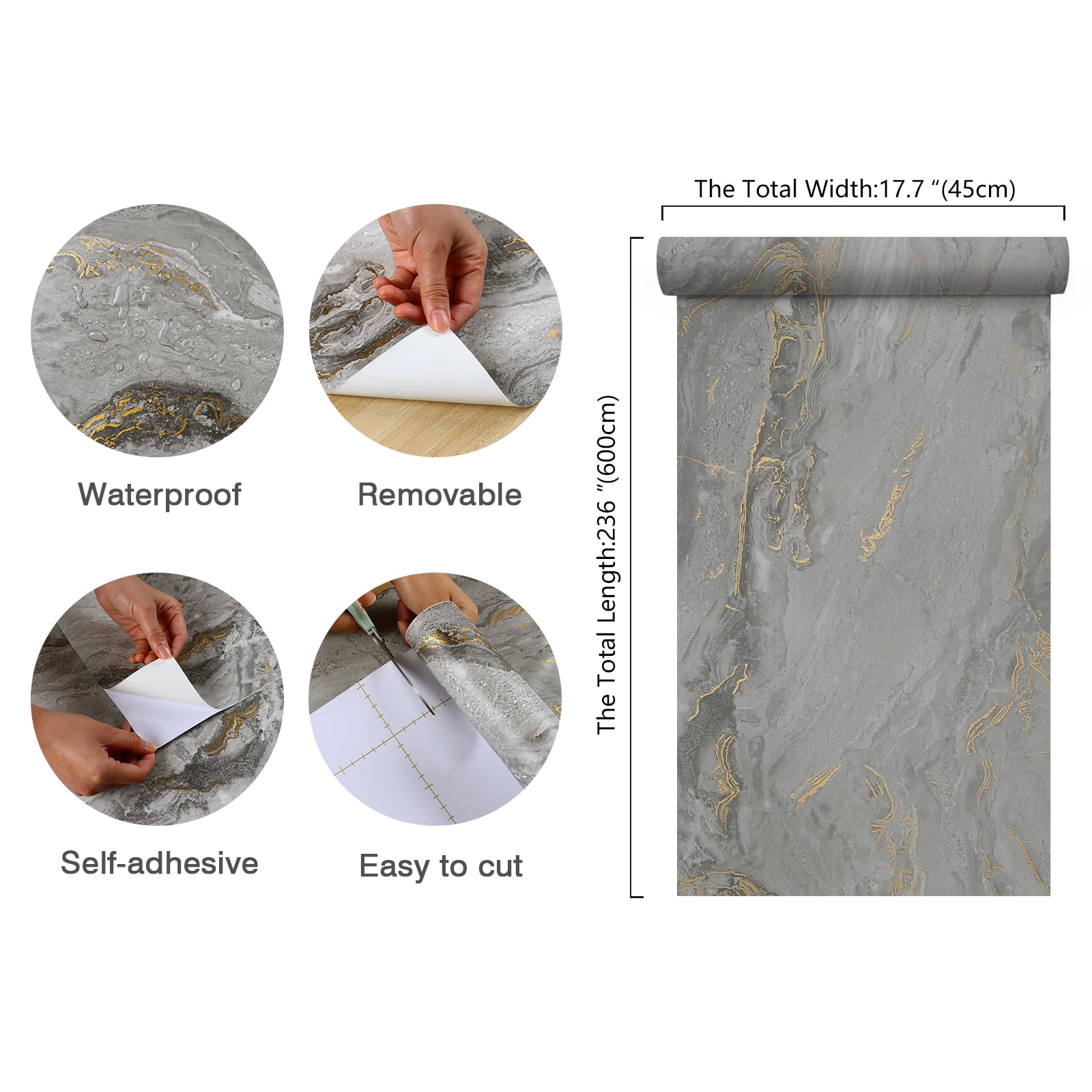 CHIHUT Grey Gold Peel and Stick Marble Contact Paper for Waterproof Countertop 17.7"x236" Matte Marble Wallpaper for Kitchen Self Adhesive Wall Paper Removable Vinyl Stick Paper for Cabinets Walls