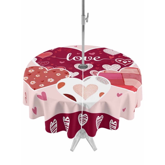 Outdoor Tablecloth with Umbrella Hole and Zipper, Light Pink Valentines Day Round Table Cloth 60 Inch Waterproof Tablecloth, Love Hearts Romantic Farmhouse Picnic Table Cover for Patio Camping