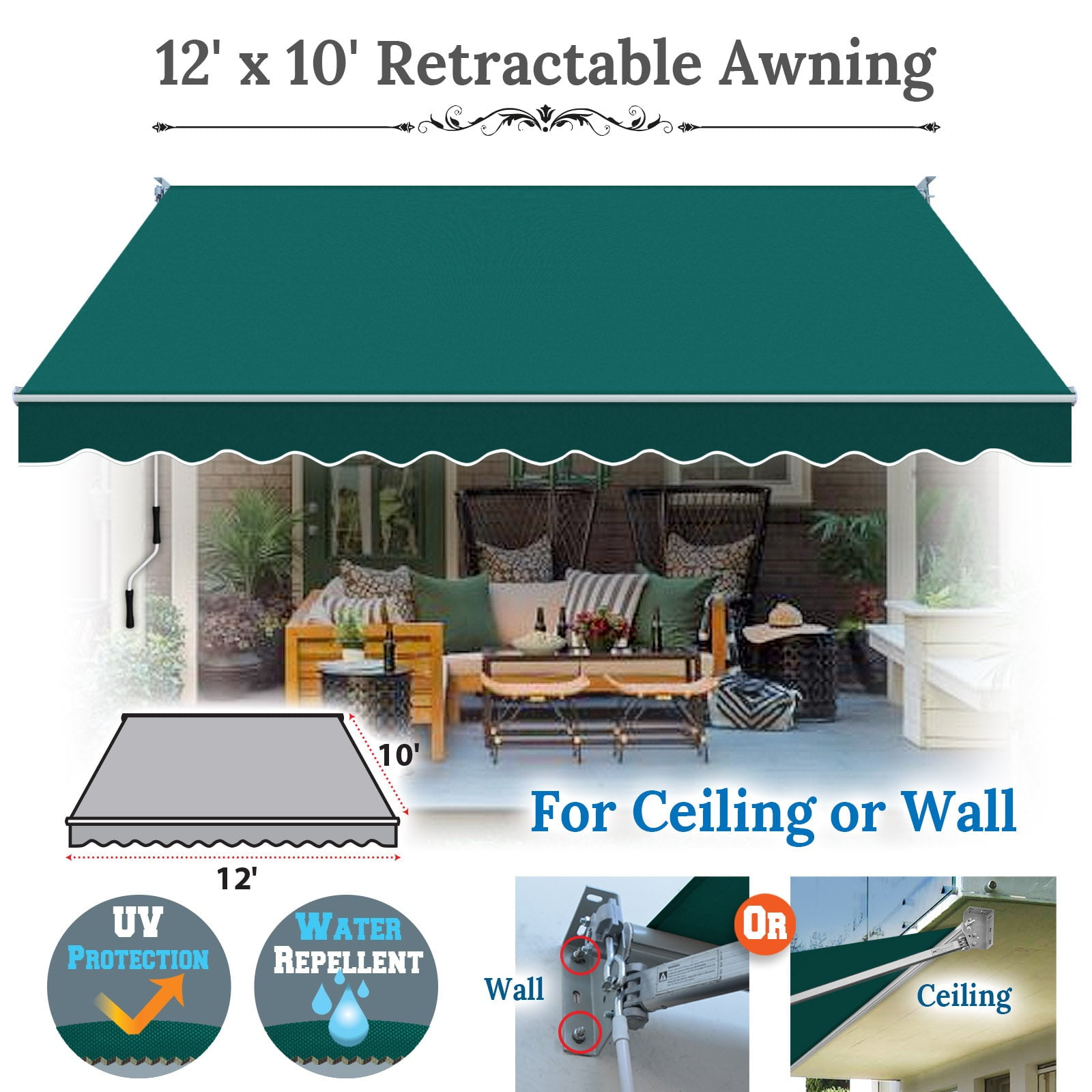 SUNNYOUTDOOR 12x10 FT Patio Awning Retractable Outdoor Sun Shade Manual Patio Deck Awning Heavy Duty Awning (Green)