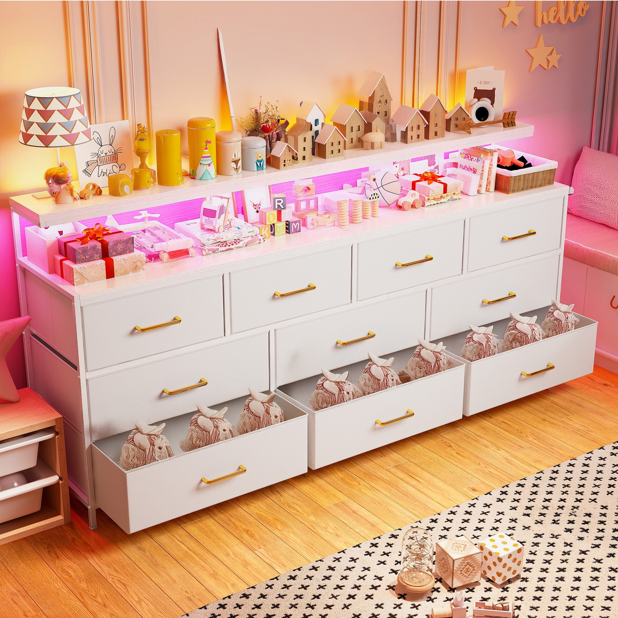 EnHomee White 55"Long Dresser for Bedroom 10 Drawers LED Dresser with charging station Fabric Dressers & Chests of Drawers,11.6"W x 55"L x 31.5"H