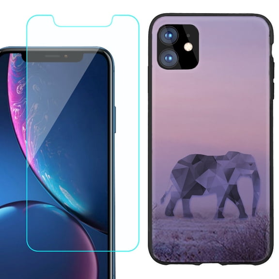 For Apple iPhone 11 Phone Case , Slim-Fit TPU Protective Case (Black), with Tempered Glass Screen Protector, by OneToughShield ® - Twilight Elephant