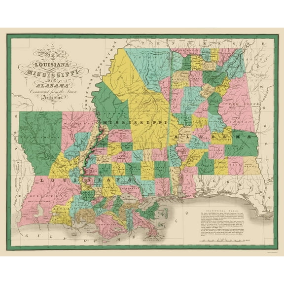 Historic State Map - Louisiana Mississippi Alabama - Finley 1827 - Vintage Wall Art
