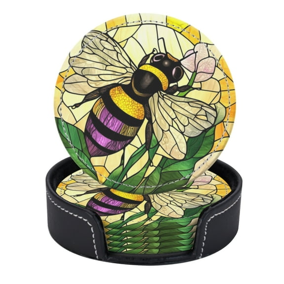 PU Leather Coasters for Drinks Bar Beer,Set of 6 with Holder,Round Housewarming Gift,Bumblebee With Flower In The Background