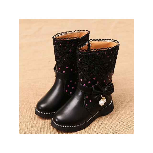 Woobling Bottes d'Hiver pour Enfant Bout Rond Bottine Courte Doublée Chaude Botte de Neige Respirante Confort Randonnée Plate Noire 2.5Y