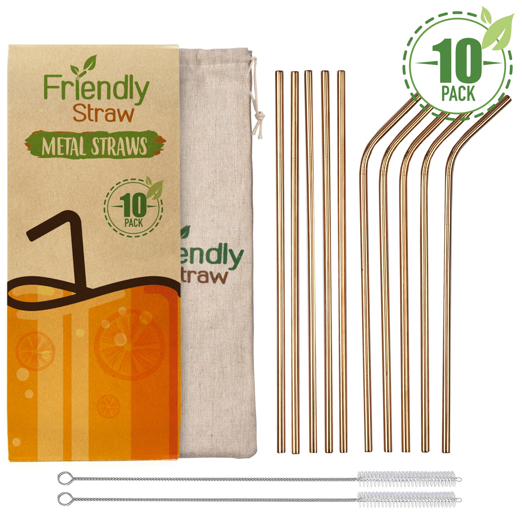 Friendly Straw 10 Pack 8.5" x .25" Reusable Metal Straws, 5 Straight 5