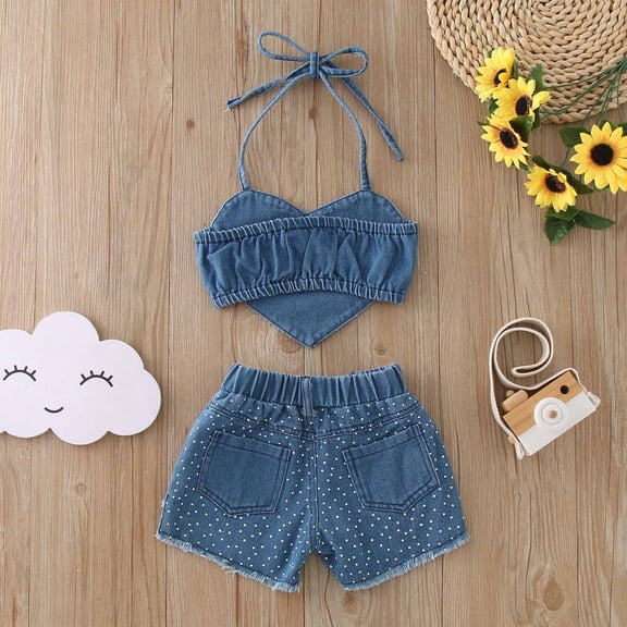 Vedolay Two Piece Sets For Girl Girl Shorts Set Summer Short Sleeve Shirt and Shorts 2pcs Clothing Set,Blue 6-12 Months