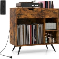 LOKO Record Player Stand with Charging Station, Vinyl Record Holder with Removable Divider, Turntable Display Stand, Record Storage Table Cabinet for Living Room, Bedroom, Rustic Brown