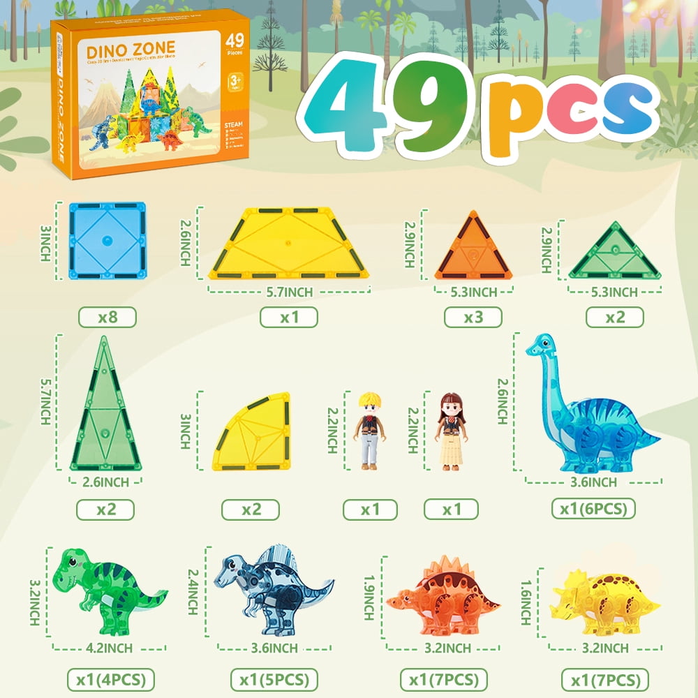 FunMagic Magnetic Tiles Dinosaur Toys 3D Movable Dino Blocks for Kids Toddler Outdoor Sensory Toys, Educational Building Blocks for Boys Girls