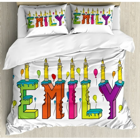 Emily King Size Duvet Cover Set, Cartoon Doodle Birthday Cake with Cheerful Event Pattern Balloon Filled Background, Decorative 3 Piece Bedding Set with 2 Pillow Shams, Multicolor, by